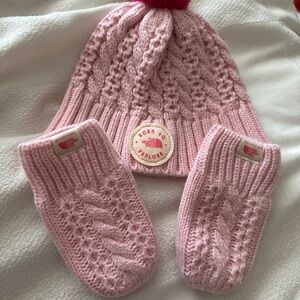 The North Face Kids Pink Cable Knit Hat and Mittens